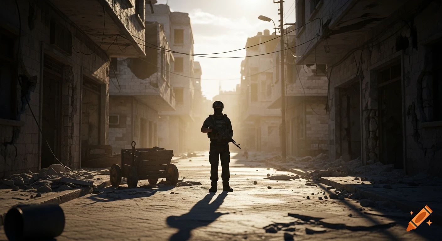 A soldier silhouette with a rifle stands in a sunlit, destroyed city street with crumbling buildings, a war-torn scene.