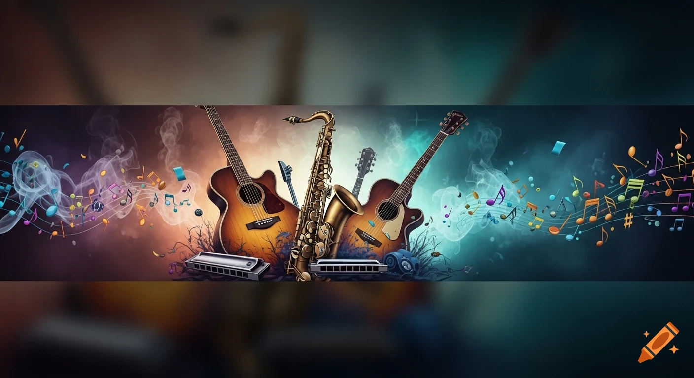 A vibrant, smoky scene featuring guitars, a saxophone, harmonicas, and colorful musical notes floating amidst the smoke.