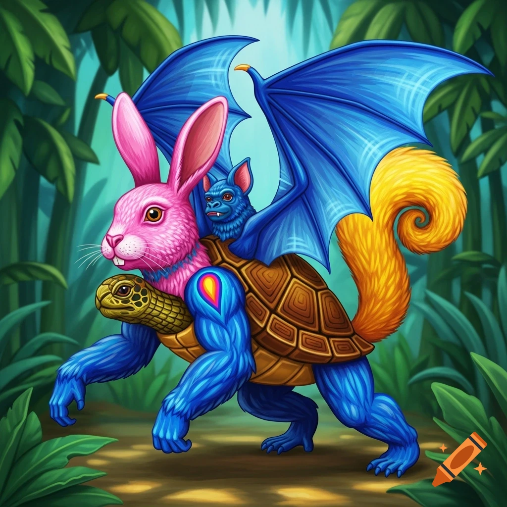 A colorful alebrije creature with a pink rabbit head, blue bat wings, a turtle shell body, blue gorilla limbs, and a yellow squirrel tail walks through a jungle.