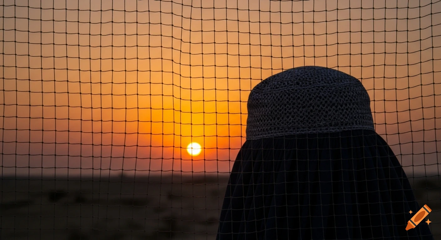 A silhouetted figure in a burqa-like garment and patterned cap observes a golden-orange sunset through a fine mesh.