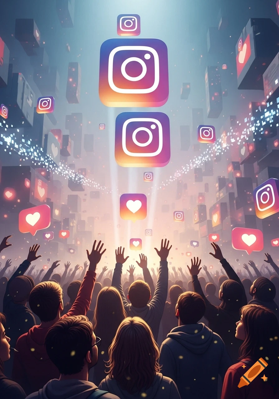A crowd of people with hands raised, looking up at glowing Instagram logos and heart icons floating in a digital-style environment.