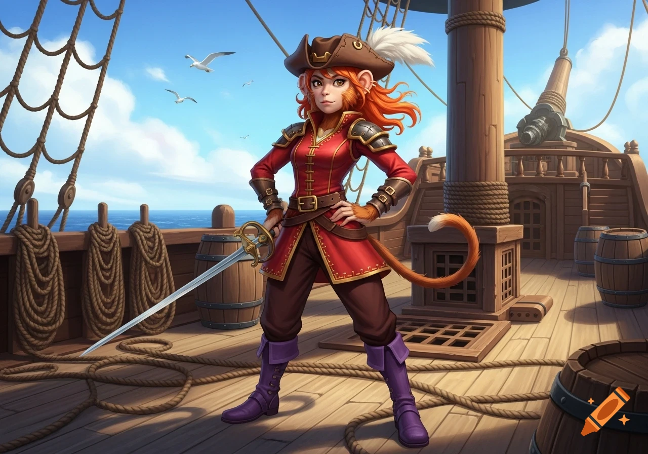 Cartoon monkey girl pirate in a red outfit and purple boots stands on a ship deck, holding a sword.