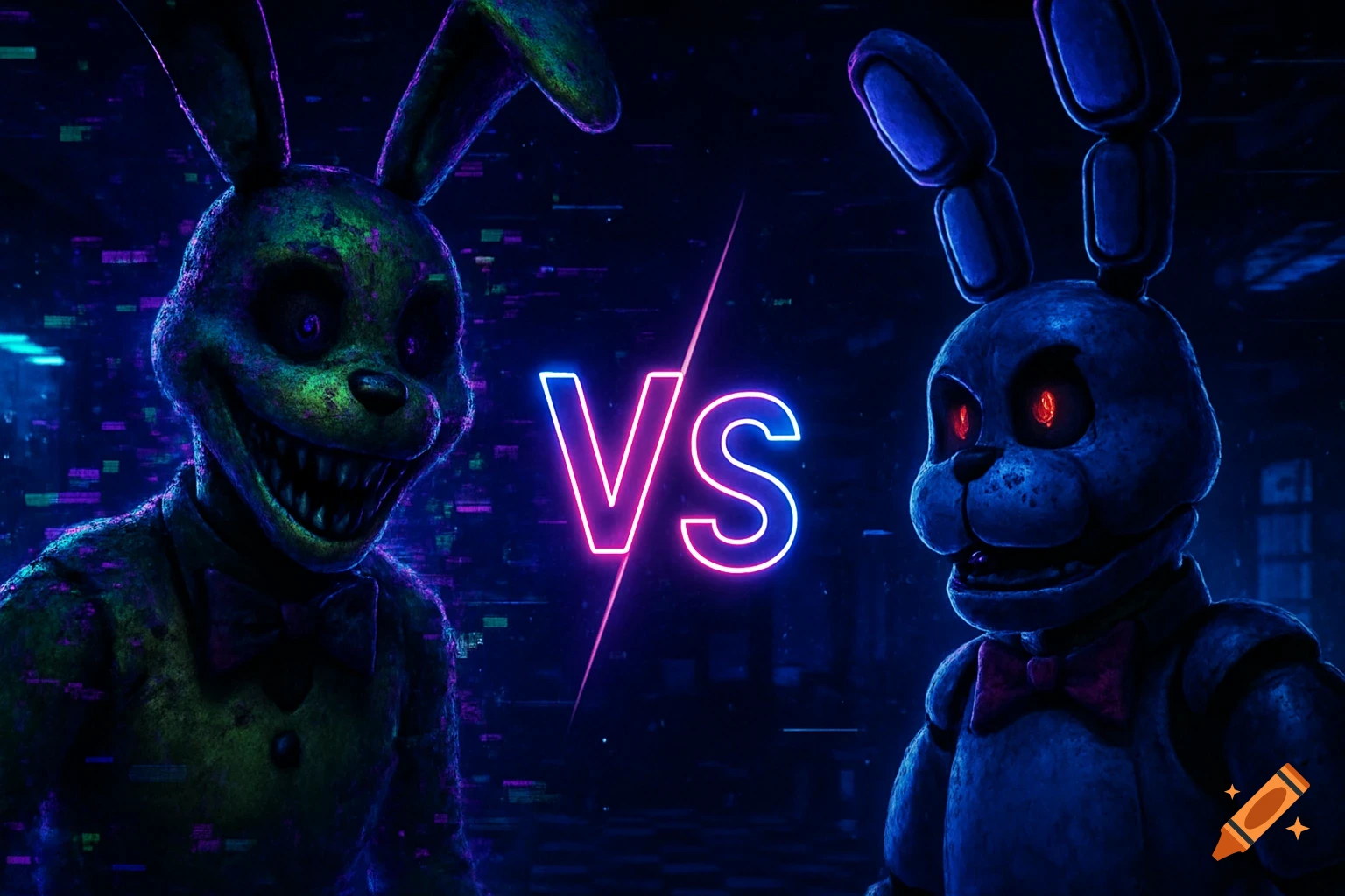 Two stylized FNaF bunny characters, Glitchtrap and Bonnie, face each other with a glowing neon 'VS' between them on a dark, glitchy background.