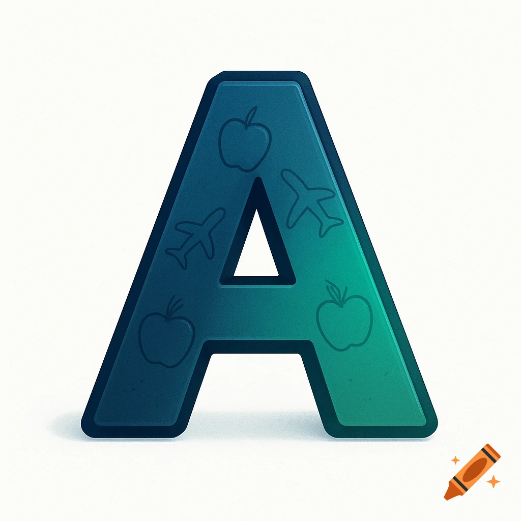 A modern, bold illustration of the letter A with a blue-green gradient and subtle outlines of apples and airplanes.