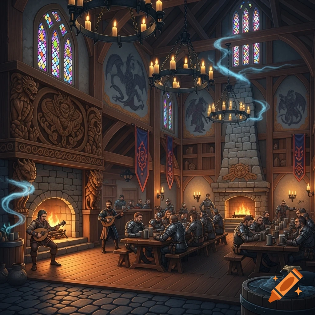 A grand fantasy tavern bustling with armored patrons, lit by fireplaces and chandeliers, featuring bards playing music and dragon tapestries.