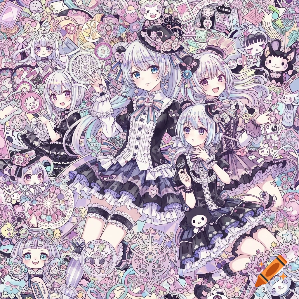 Four anime girls with white hair in pastel goth dresses, surrounded by a maximalist, intricate background of magical symbols and kawaii elements.