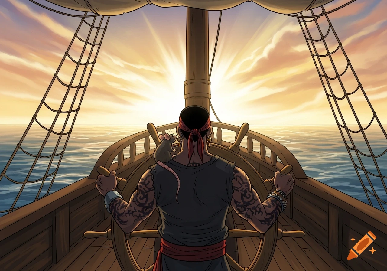 A male pirate with tattoos at the ship's wheel, a rat on his shoulder, gazes at a radiant golden sunset over the open ocean in comic style.