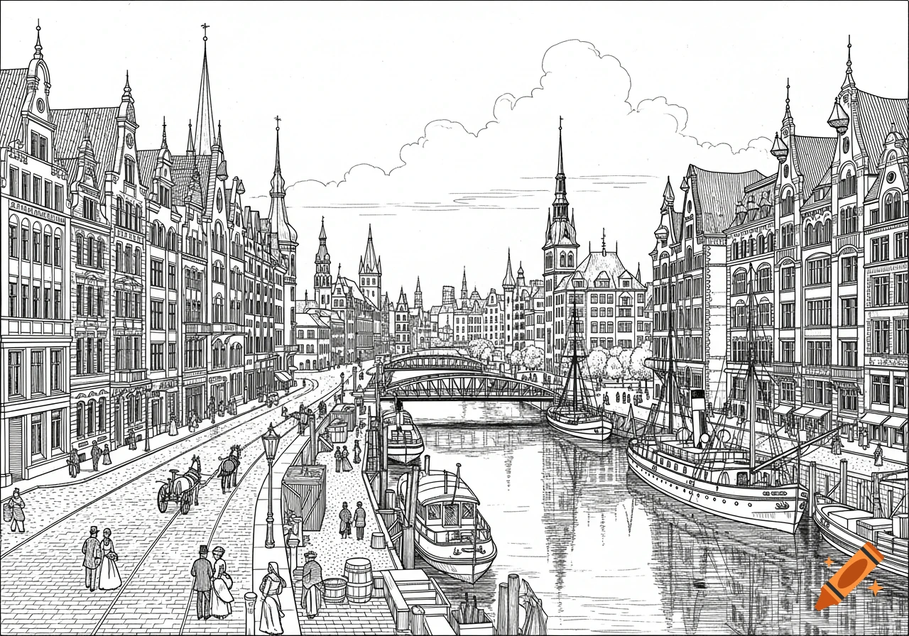 Black and white line drawing depicting a bustling 1910s European city canal scene with historical buildings, bridges, pedestrians, and boats.