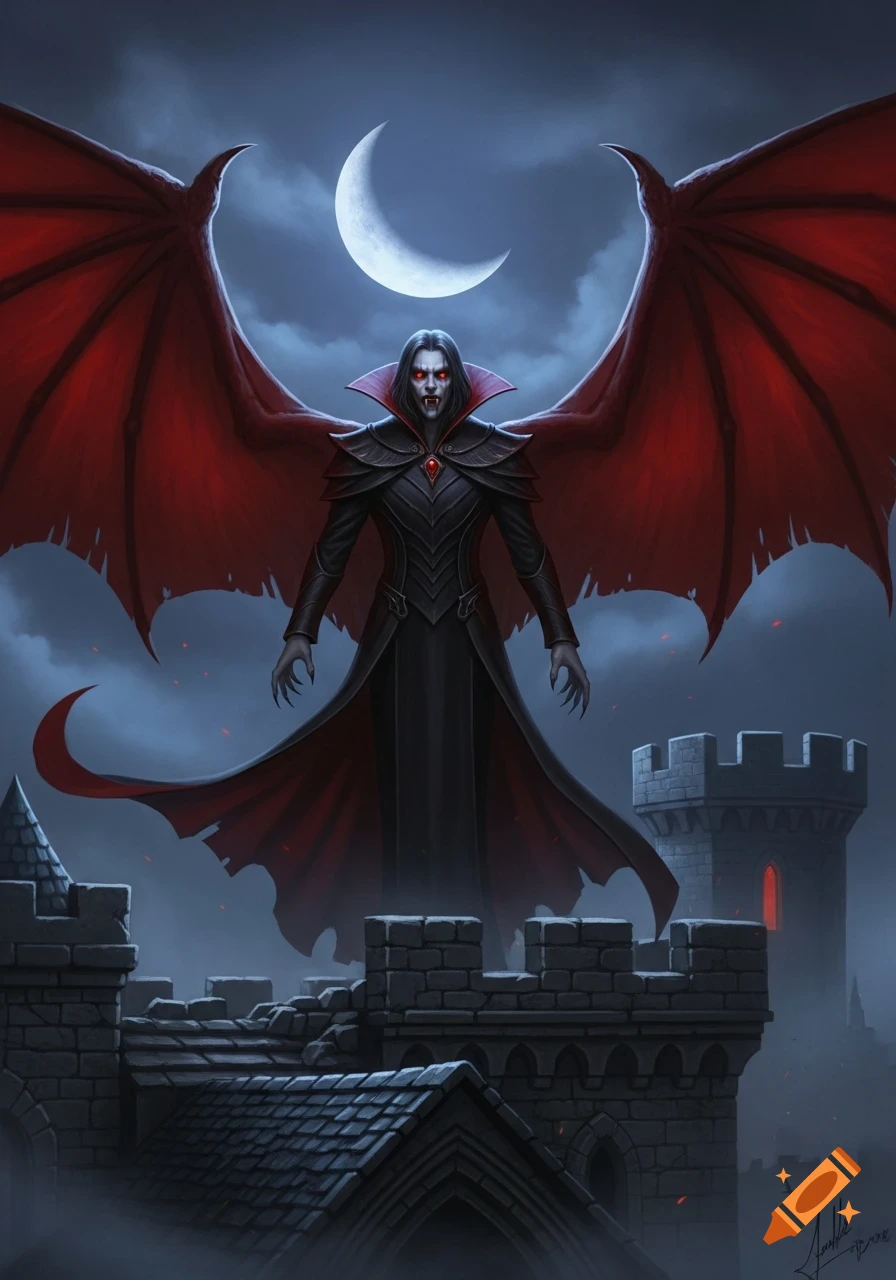A male vampire with red eyes and large red wings stands dramatically on a castle rooftop under a crescent moon, dark fantasy art.