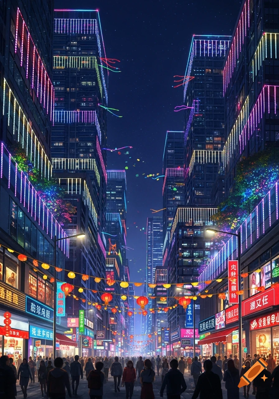 A vibrant cityscape at night, with tall buildings illuminated by multicolored neon lights and string lights. A crowded street is below, with people walking amongst shops and hanging lanterns.