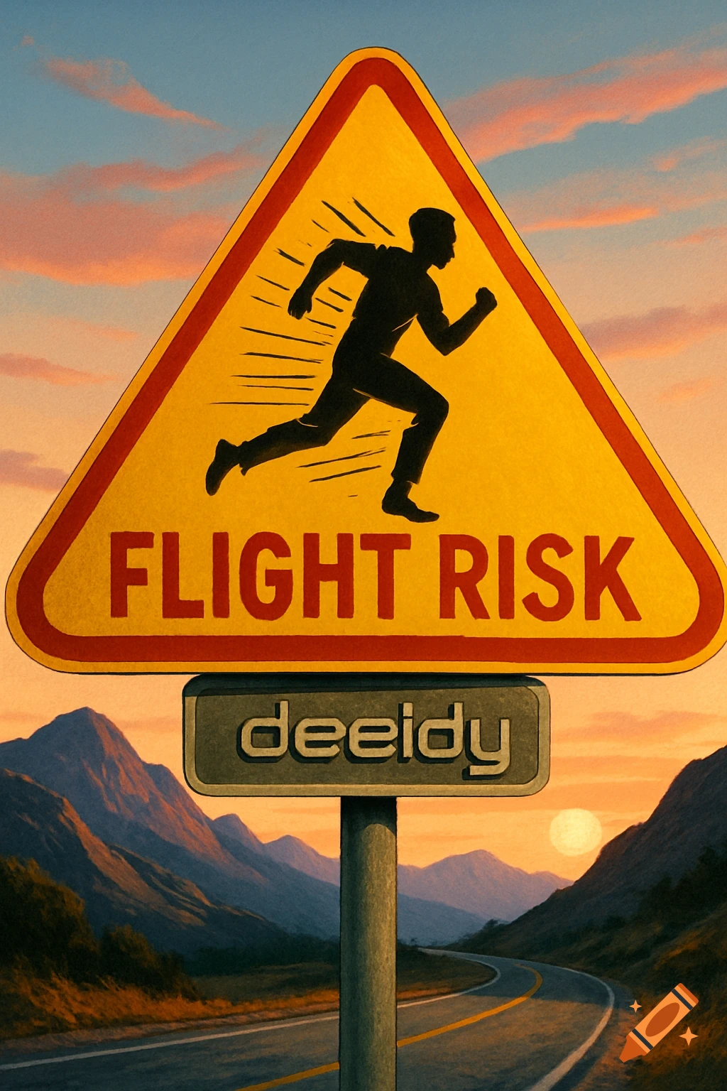 A warning sign reading "FLIGHT RISK" with a running man silhouette, and "deeidy" on a sign below, against a sunset mountain road background in an illustrative style.