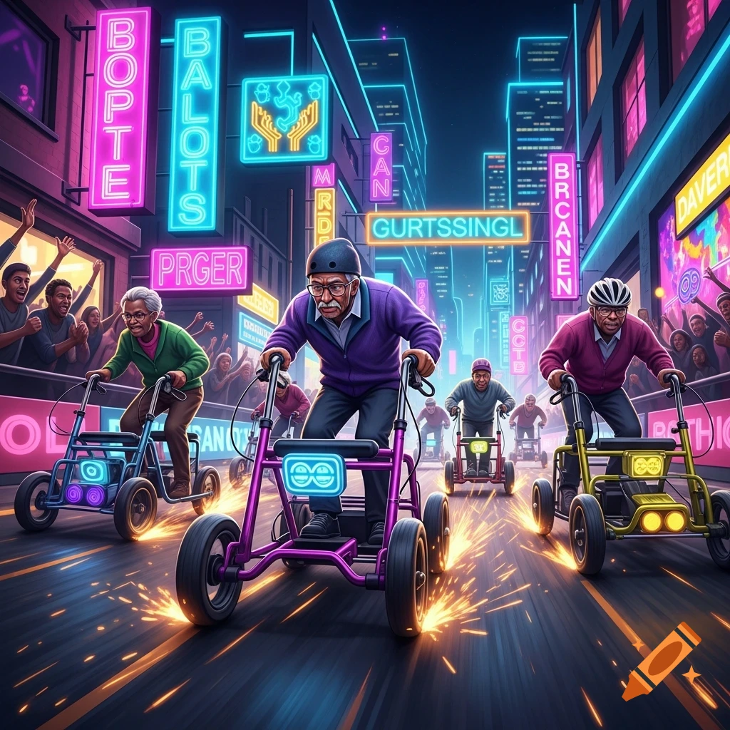 Elderly people race electric walkers down a neon-lit cyberpunk city street at night, sparks flying.