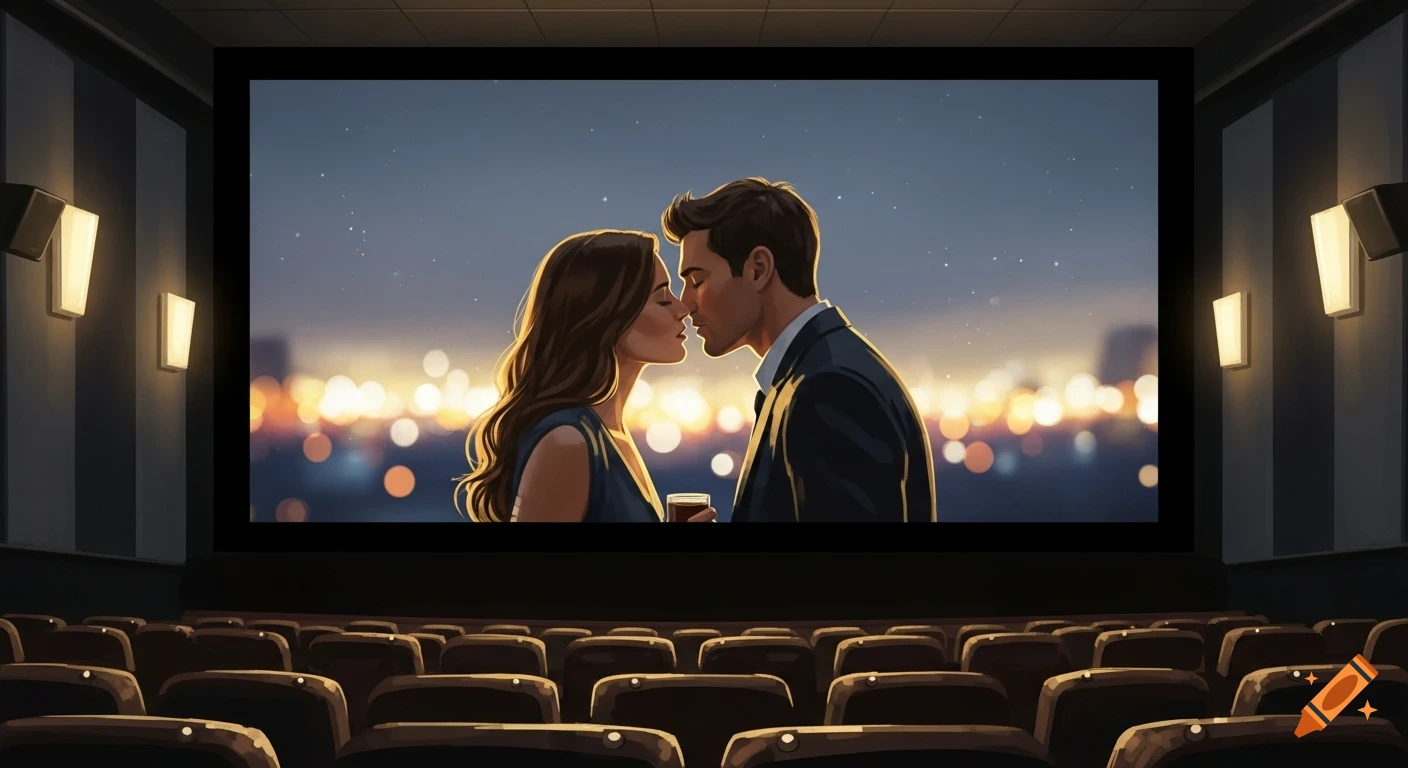 An illustration of a man and woman about to kiss on a large movie screen, viewed from empty cinema seats.