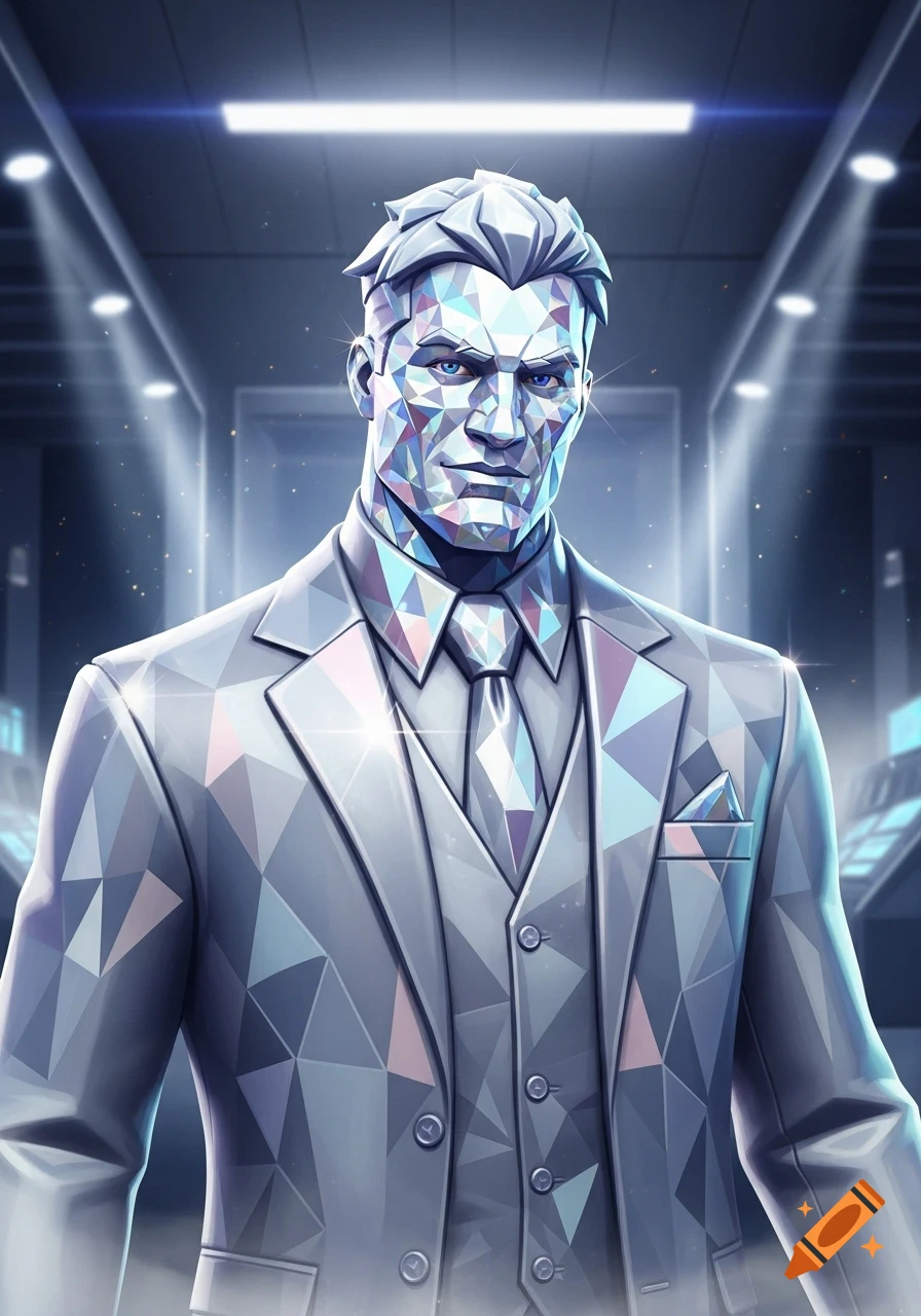 Stylized portrait of a man with a faceted diamond face and body, wearing a suit and tie in a bright, futuristic setting.