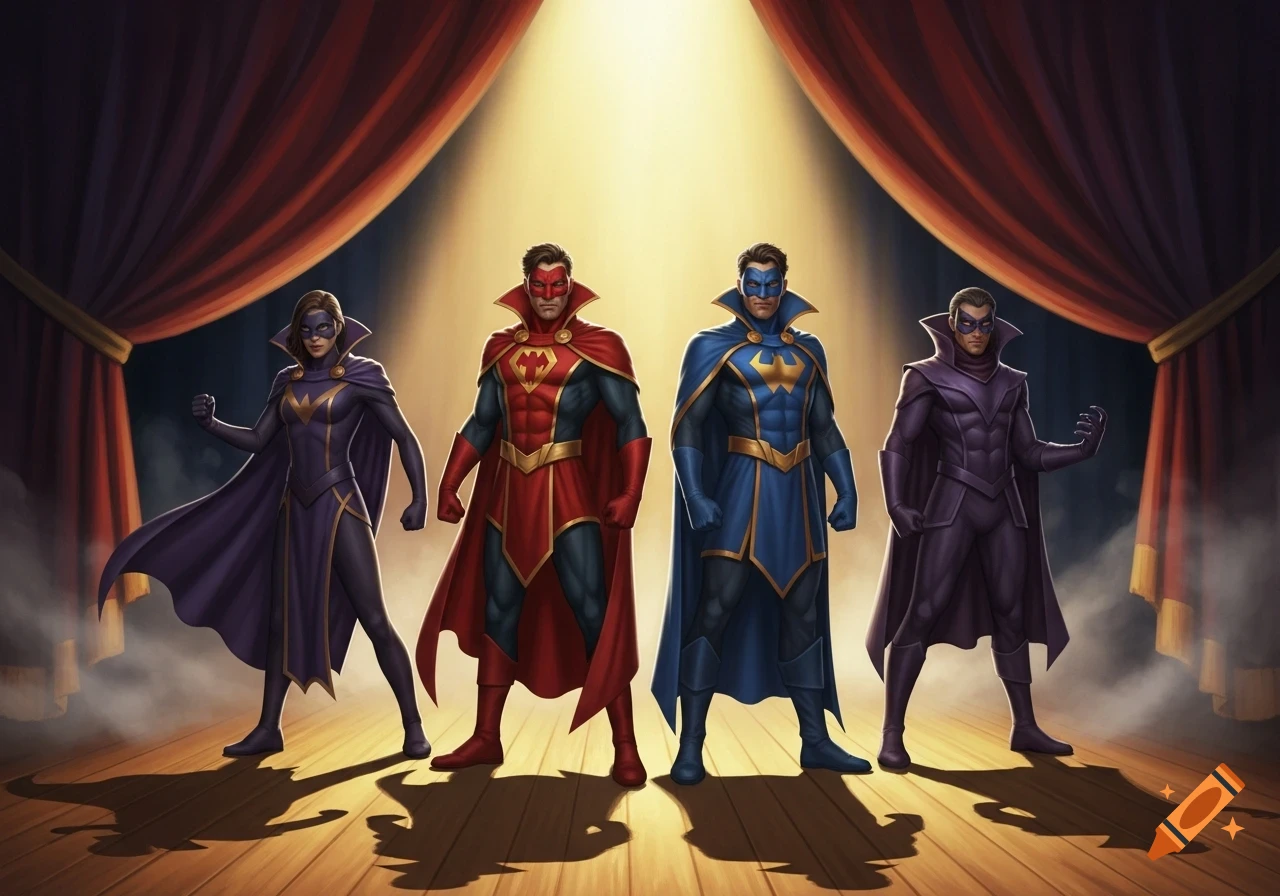 Four superheroes, two male and two female, in capes and masks stand on a wooden stage with red curtains and a spotlight overhead.