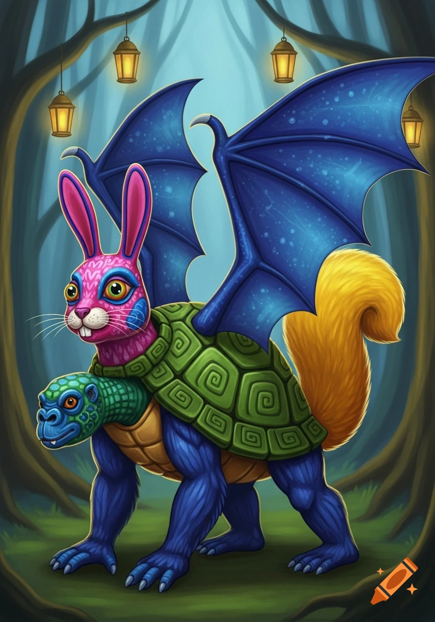 A colorful alebrije creature with a pink rabbit head, blue bat wings, a green turtle shell, blue gorilla legs, and a yellow squirrel tail in a forest setting.