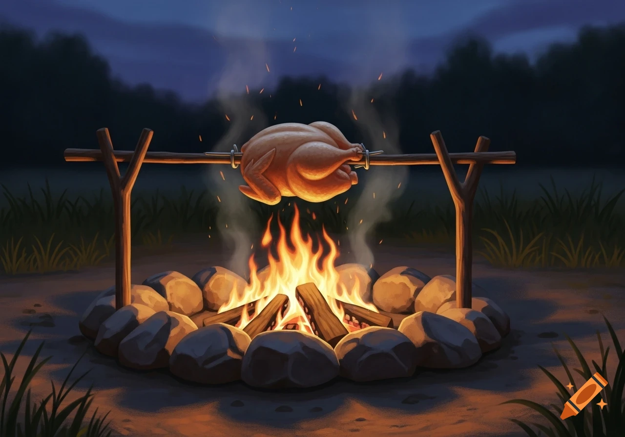 A whole chicken roasts on a spit over a crackling campfire, surrounded by rocks in a dark forest at night, in an illustrative style.