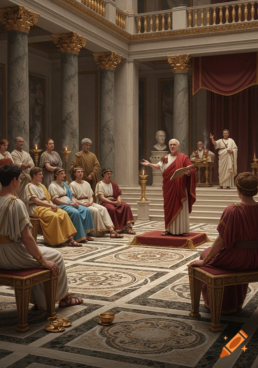 An older man in Roman robes addresses a seated audience in a grand, columned marble hall, depicting a Roman literary reading.