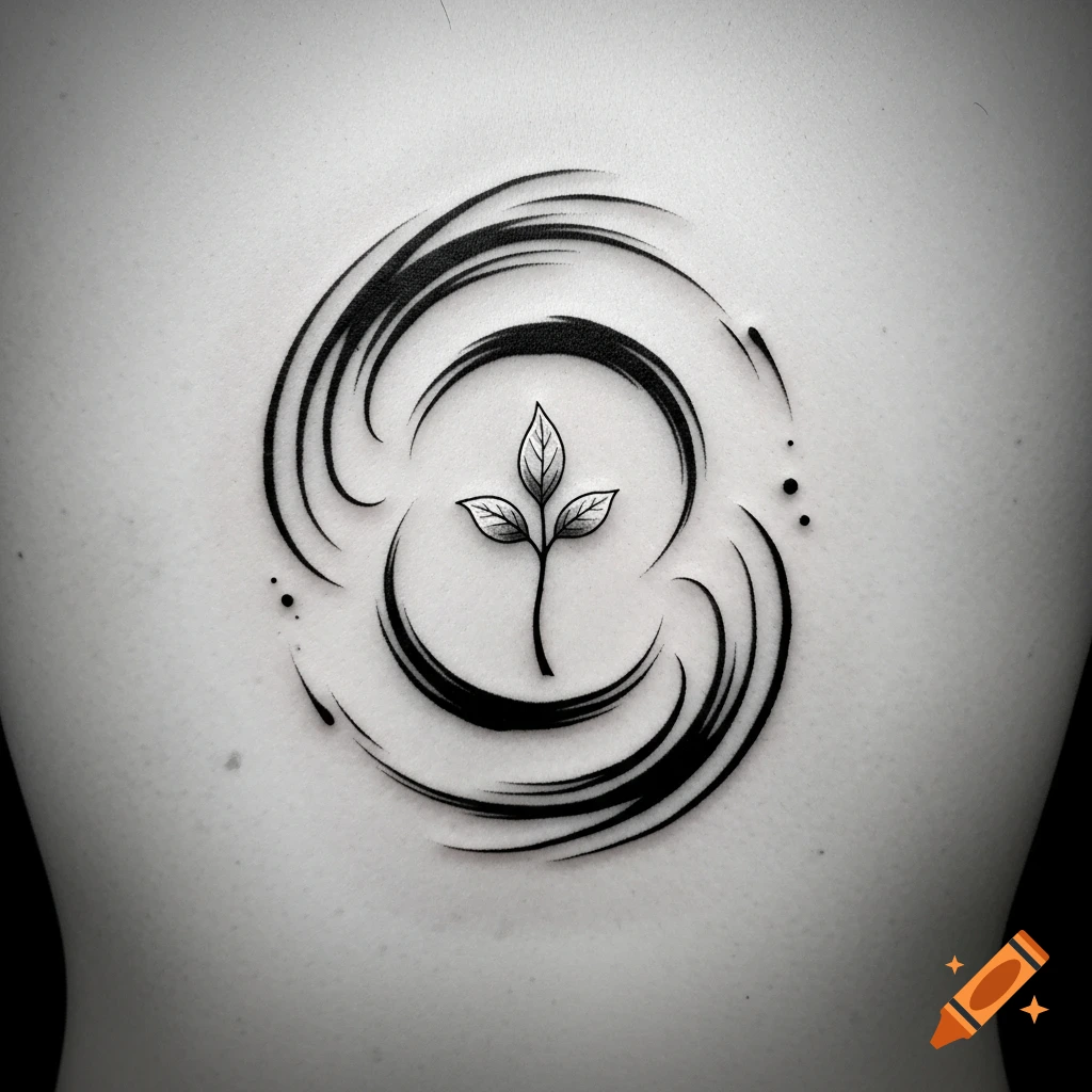 A minimalist black and white sumi-e tattoo on a back, featuring a plant sprout within swirling brushstrokes.