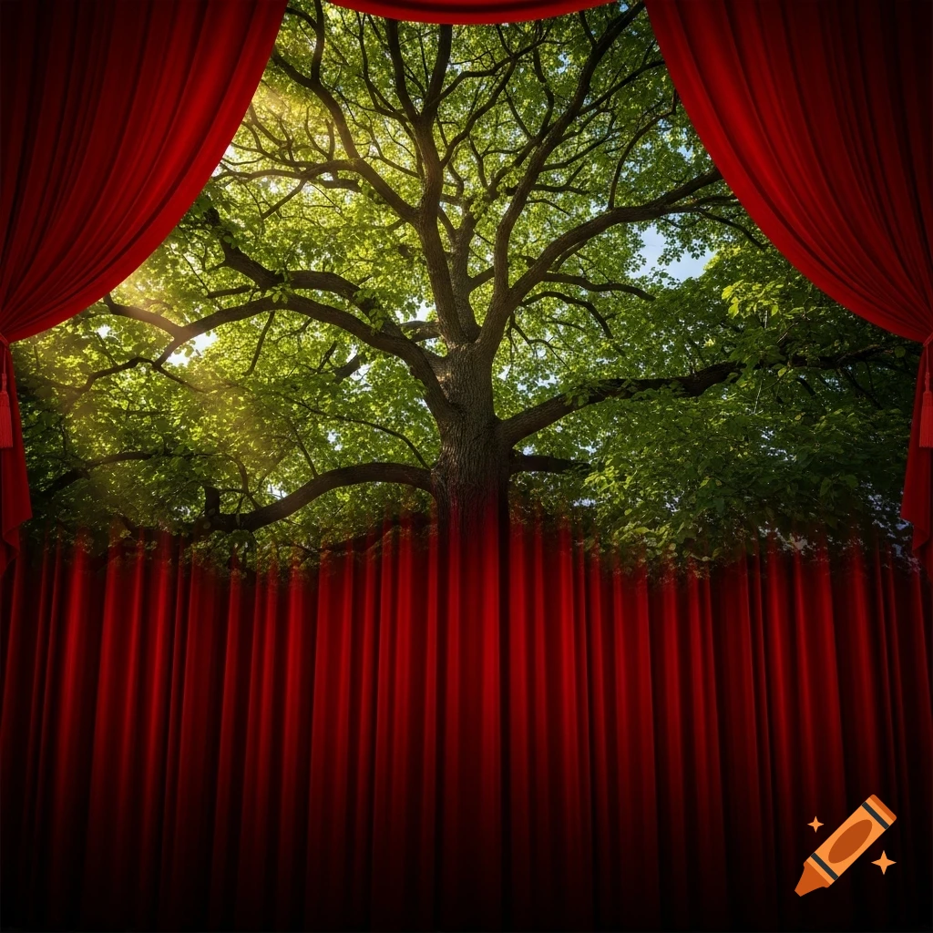 A large green tree with lush foliage and a strong trunk, framed by rich red velvet theater curtains, with sunlight streaming through the leaves.