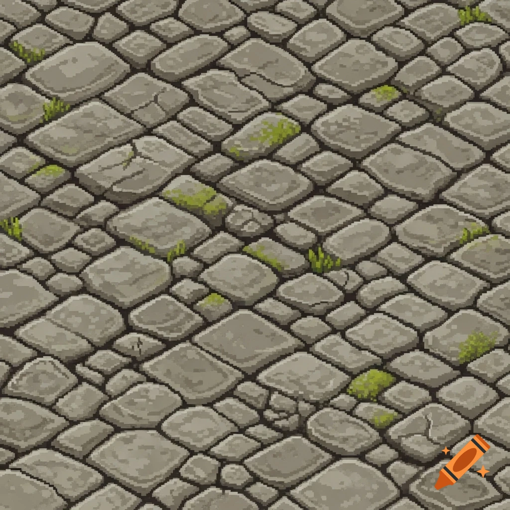 Seamless pixel art texture of an isometric medieval stone floor with scattered moss.