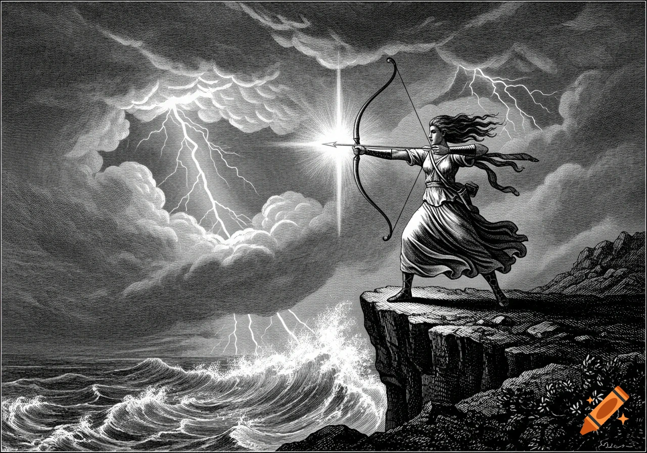 A female archer stands on a cliff, firing a bright arrow into a stormy sky with lightning and crashing waves, in the style of a Gustave Dore engraving.