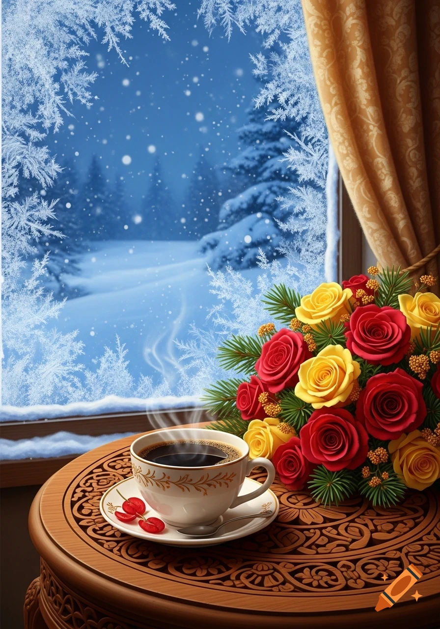 Steaming coffee cup and a bouquet of red and yellow roses on a carved wooden table, beside a frosted window overlooking a snowy winter forest.