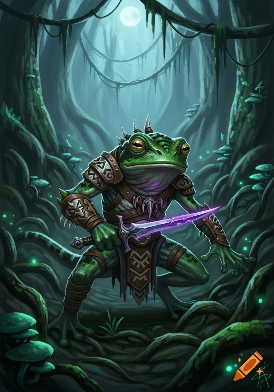 A frog-like assassin creature wearing armor and holding a glowing ...