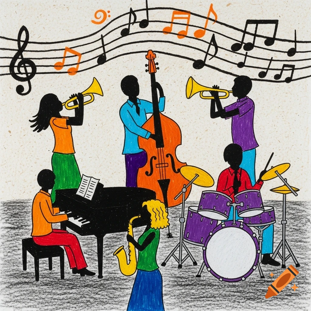 A colorful crayon drawing of a jazz band with stick-figure musicians playing instruments under a stave with musical notes.