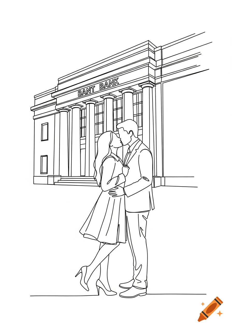 A simple black and white line art sketch of a couple kissing in front of a classical bank building with columns.