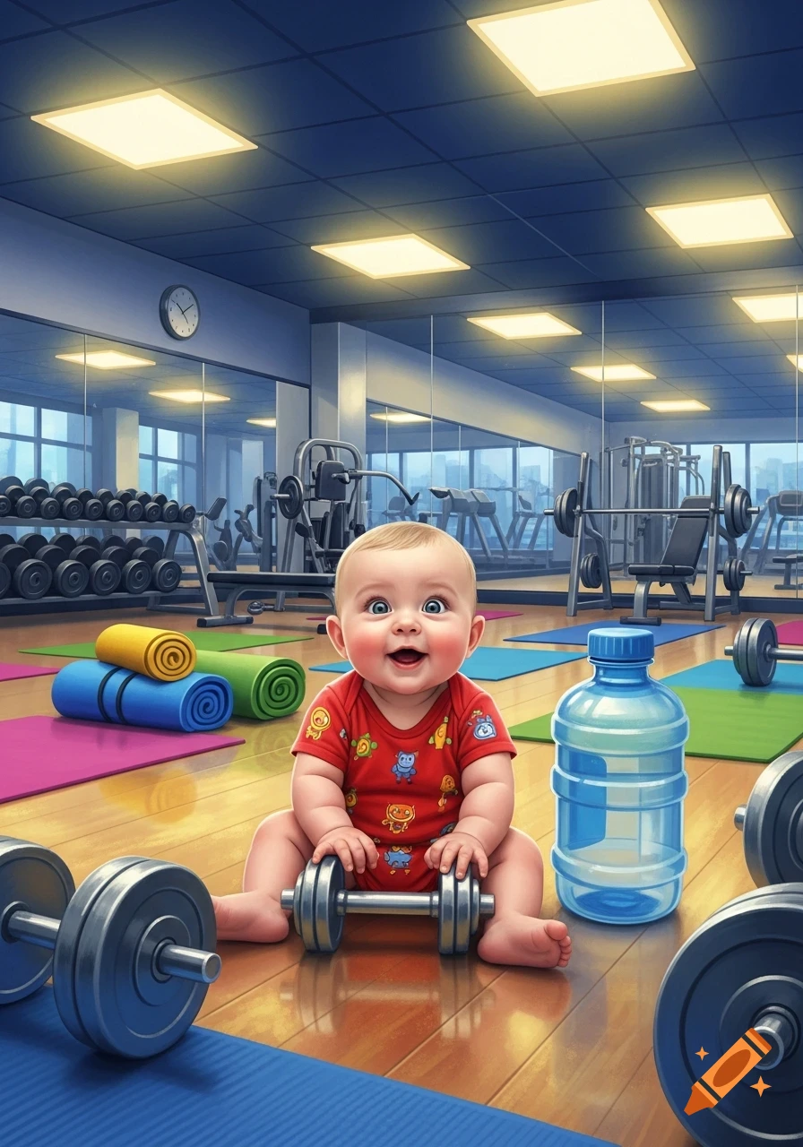 A smiling baby with wide eyes sits on a gym floor, holding a small dumbbell. Yoga mats and gym equipment are in the background.