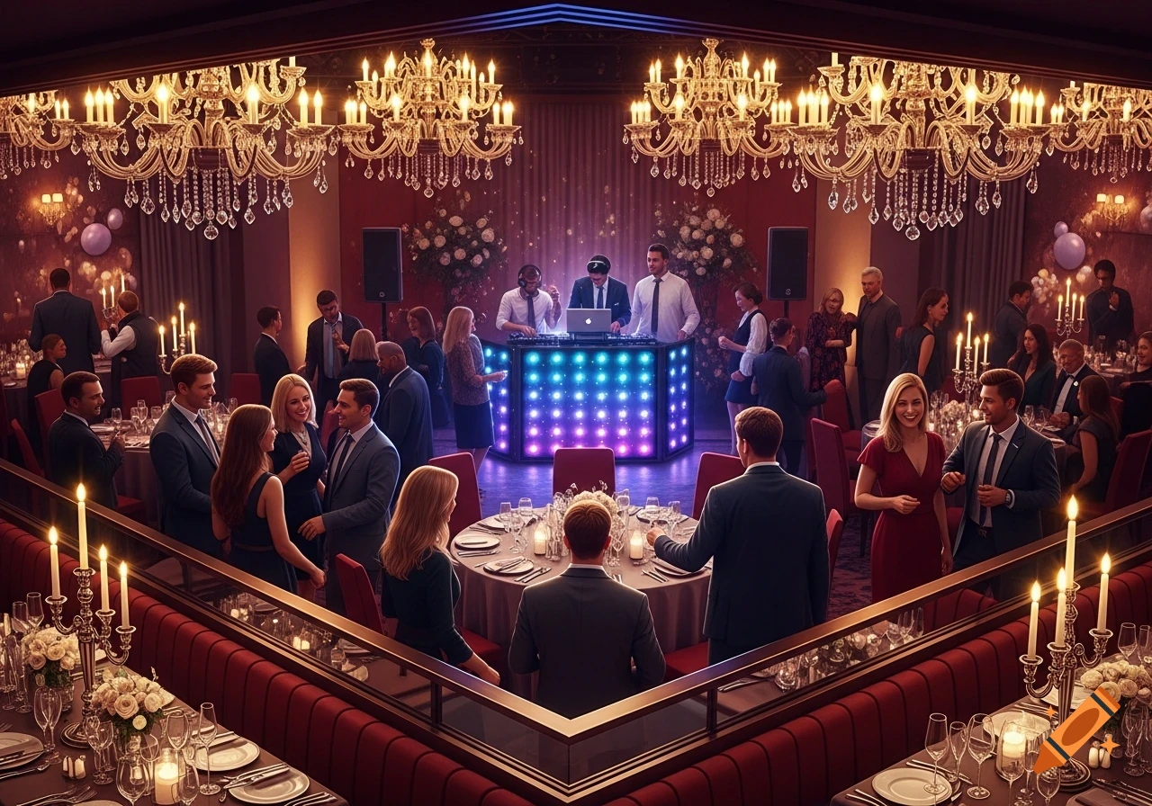 A vibrant year-end party in an opulent ballroom, featuring elegant chandeliers, red seating, and guests mingling around a DJ booth.