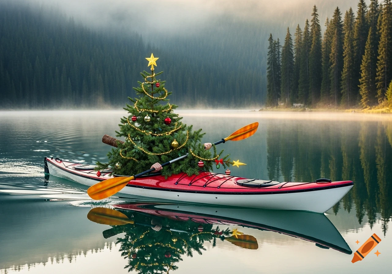 A red and white kayak with a decorated Christmas tree floats on a misty lake, surrounded by evergreen forests.