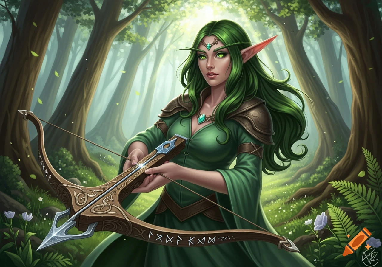 A female high elf with long green hair and glowing green eyes, dressed in green, holds an ornate crossbow in a sun-dappled forest.