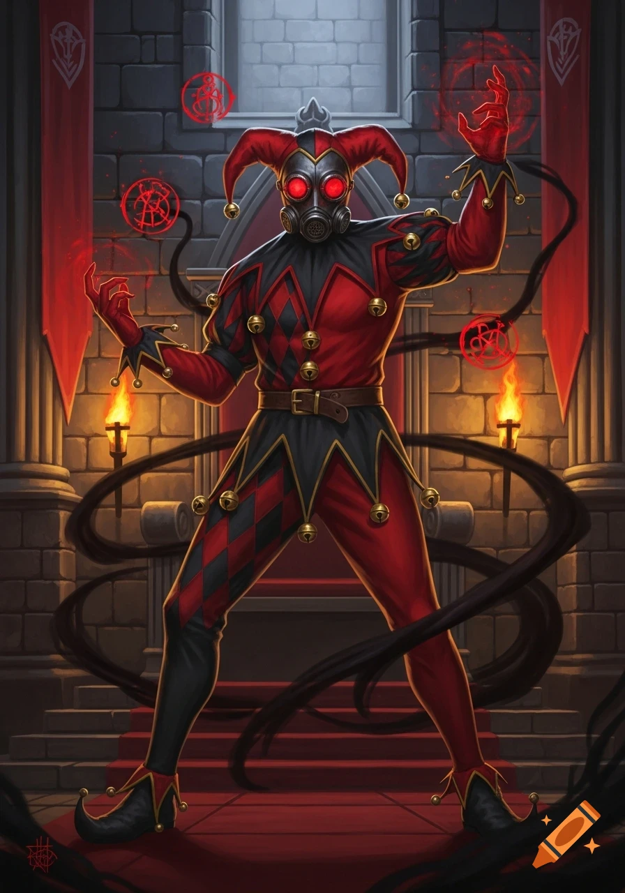 A dark fantasy illustration of a jester in a red and black suit wearing a gas mask with glowing red eyes, surrounded by floating red occult symbols in a stone hall with torches.