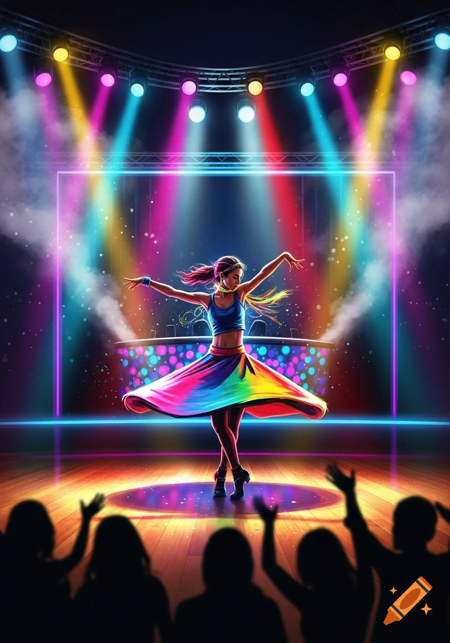 A female dancer in a vibrant rainbow skirt twirls on a stage under colorful spotlights, with a silhouetted audience.