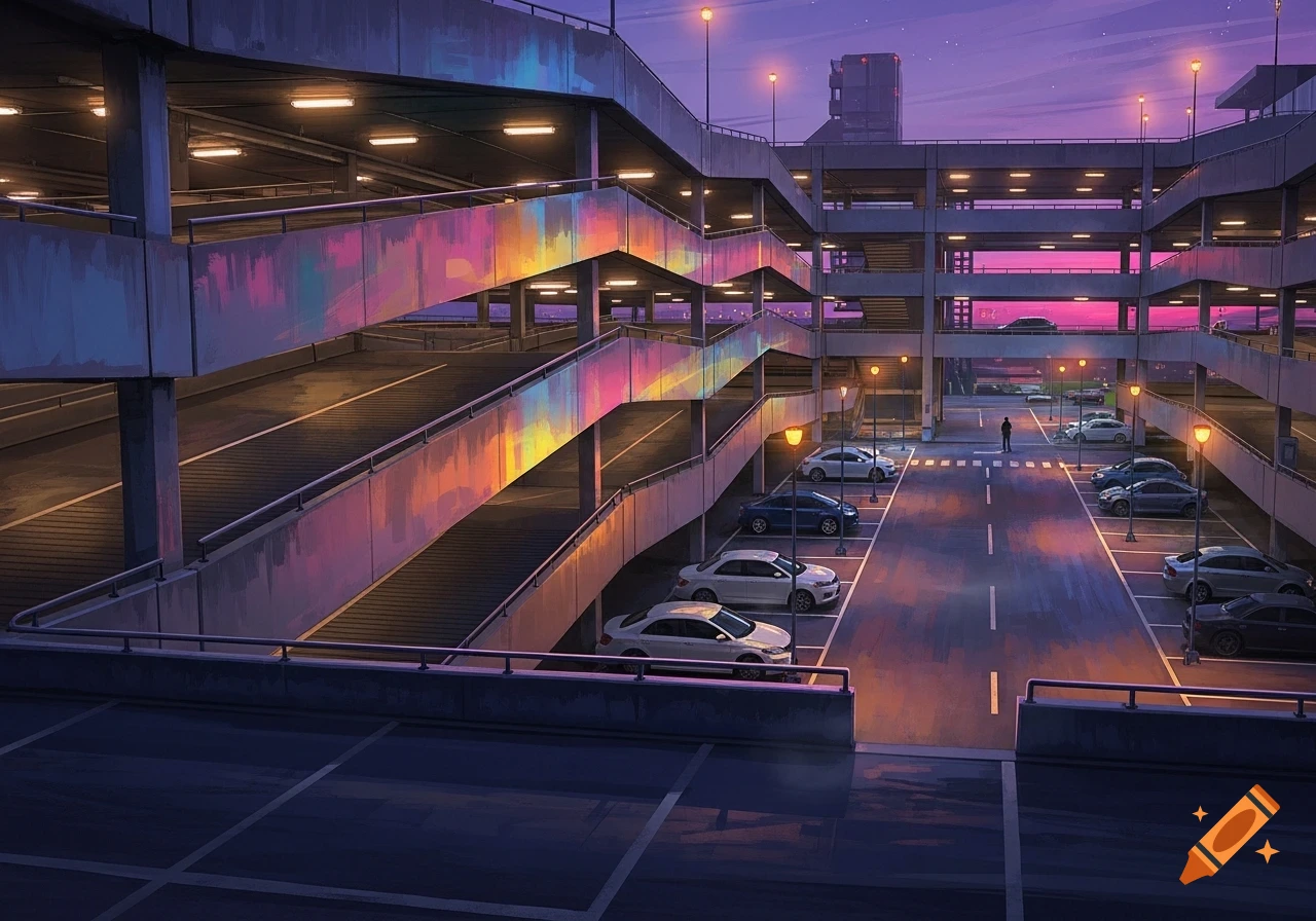 Stylized multi-story car park at dusk with a purple sky, vibrant reflections on concrete ramps, parked cars, and a lone figure.