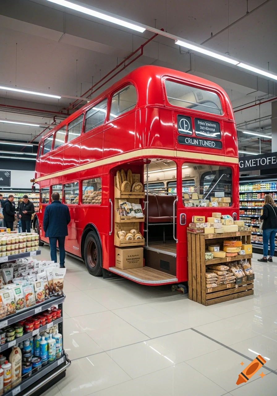 A red double-decker bus, converted into a retail display, stands inside a modern supermarket aisle, selling bread and cheese.