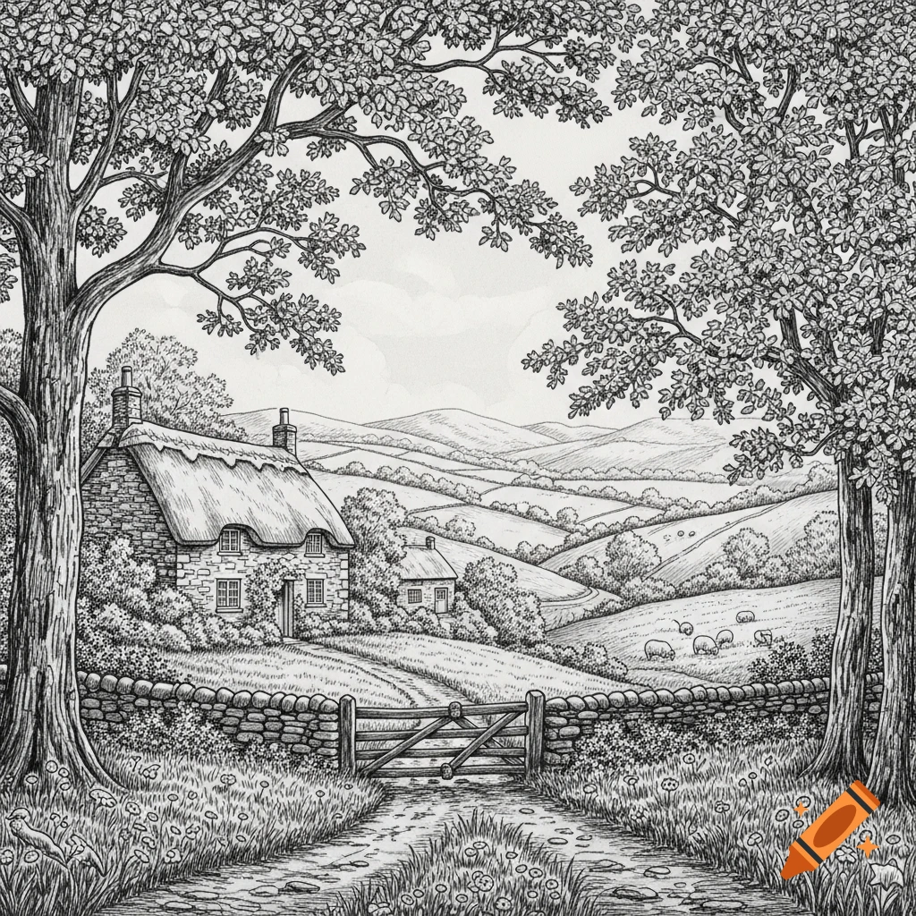 Black and white pencil drawing of a quaint cottage in a rolling countryside landscape with trees, a stone wall, and sheep.
