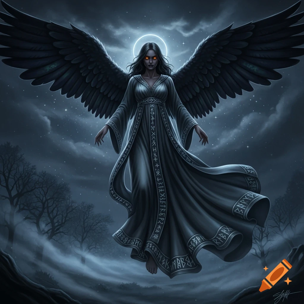 A dark angel with large feathered wings and glowing red eyes floats in a moonlit sky above a misty landscape with bare trees.