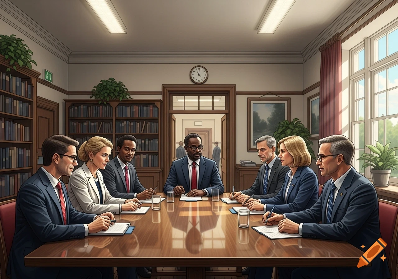 Seven diverse professionals in suits meeting around a large wooden table in a room with bookshelves.