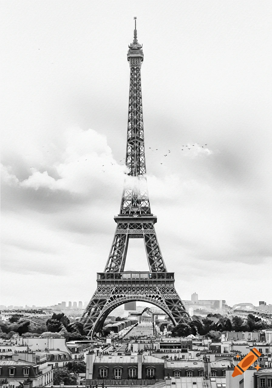 Black and white watercolor painting of the Eiffel Tower rising above city buildings under a cloudy sky.
