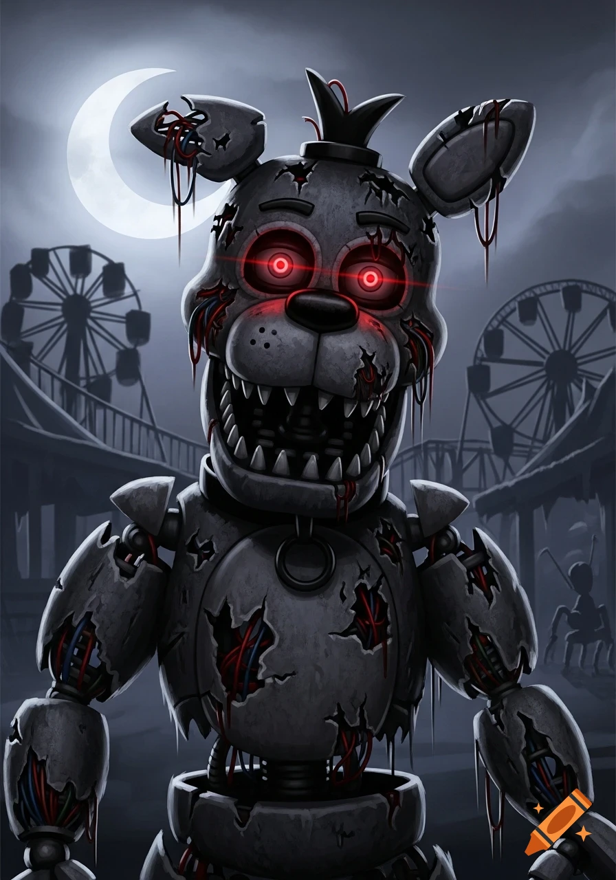 A scary, damaged animatronic dog with glowing red eyes and sharp teeth stands in a dark, dilapidated amusement park under a crescent moon.
