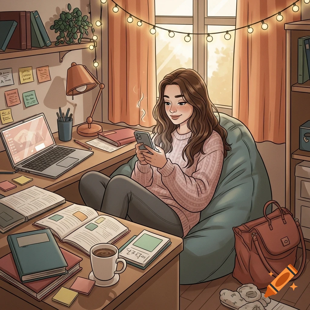 Illustrated young woman in a cozy room, sitting in a bean bag chair, scrolling on her phone, procrastinating from homework.