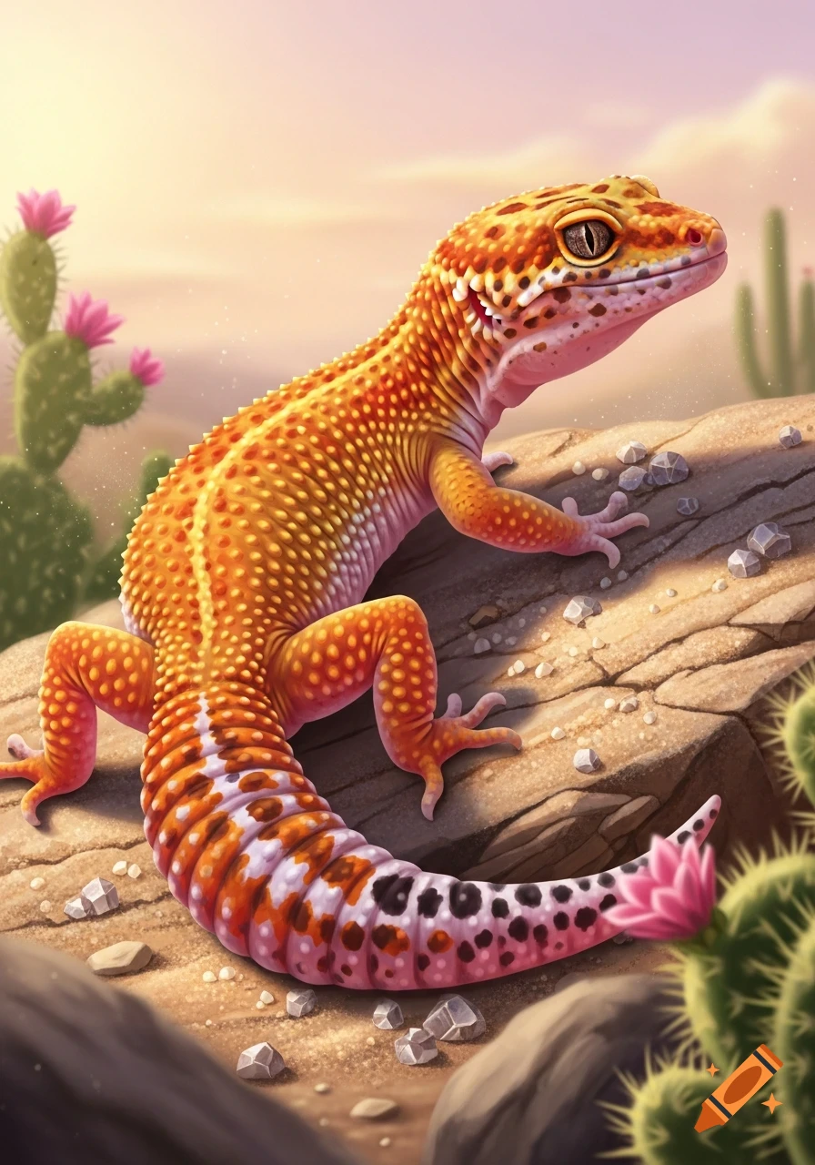 A vibrant orange leopard gecko with a spotted tail rests on a log in a desert landscape with pink-flowered cacti.