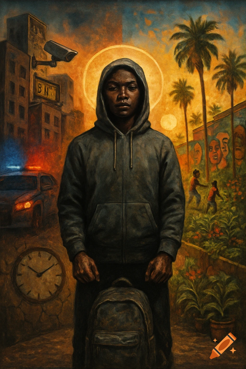An oil painting of a Black man in a dark hoodie with a glowing halo, standing in an urban setting with police, surveillance, palm trees, and murals in the background.