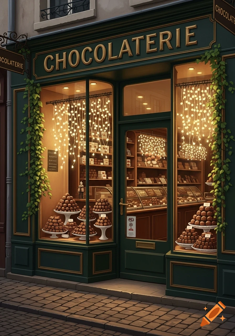 A charming chocolaterie shop front at dusk, adorned with string lights and displaying piles of chocolates in its windows.