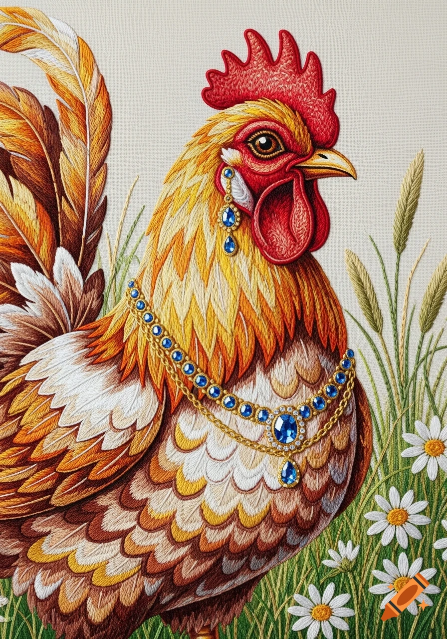 An embroidered chicken with colorful feathers, wearing a gold and blue sapphire necklace and earring, standing in grass with white daisies.