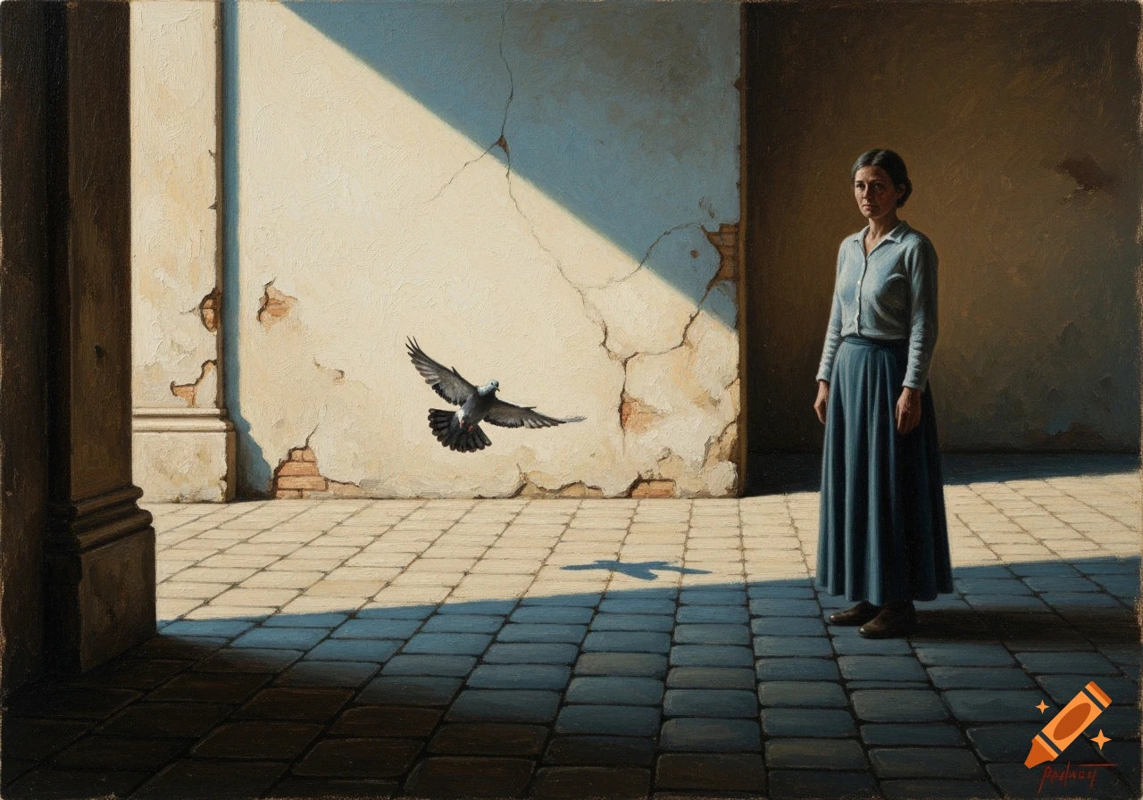 An oil painting of a woman in a long blue skirt and light shirt standing in a sunlit courtyard with a flying pigeon.