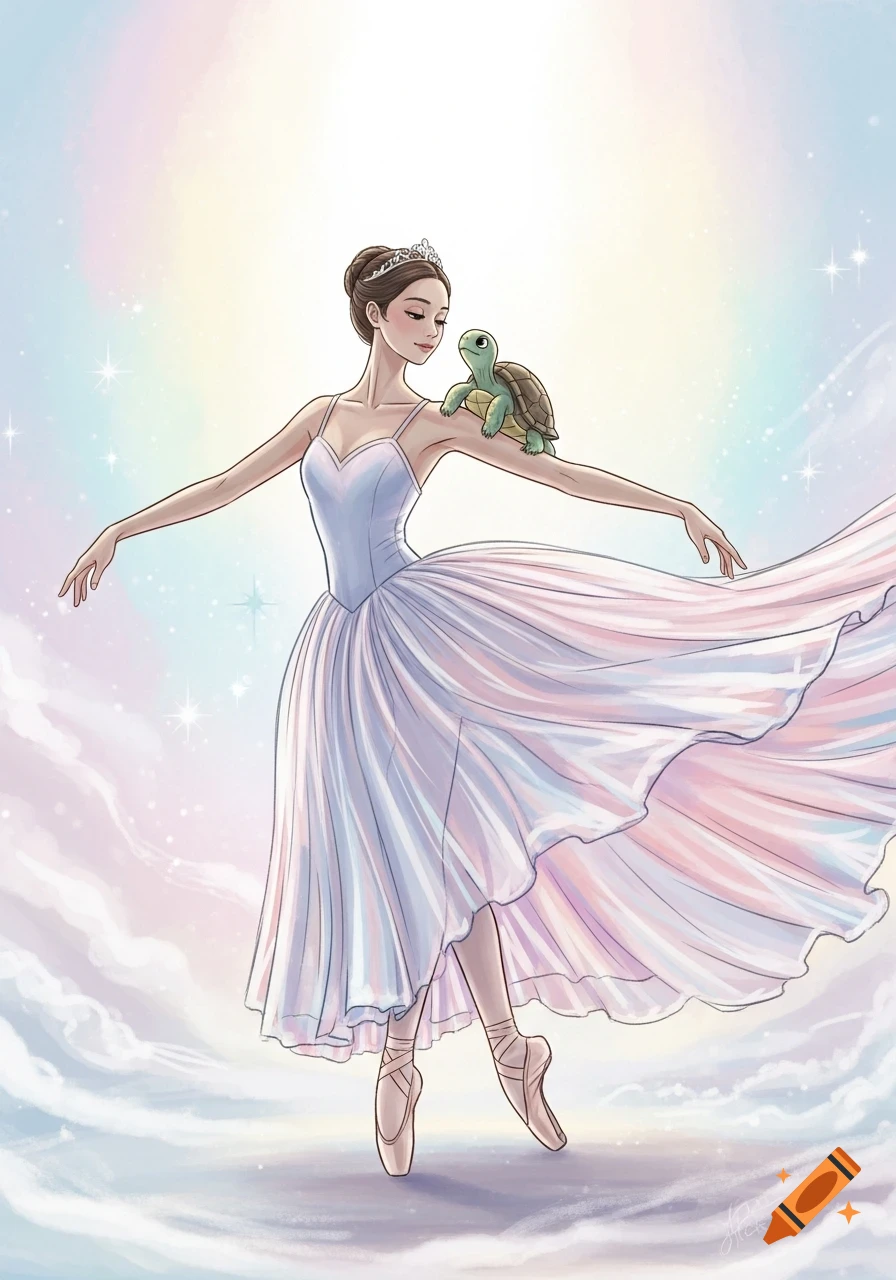 A graceful ballerina in a pastel tutu dances on clouds, with a small turtle on her shoulder, in a whimsical illustrated style.